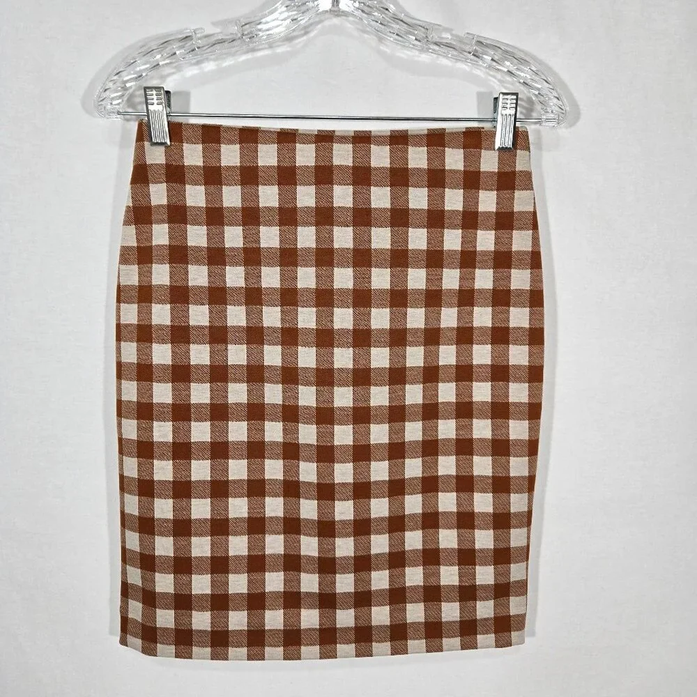 ACADEMIA - SIREN Brown & Beige Checkered Ponte Knit Pencil Mini Skirt PETITE XSP - Picture 1 of 16